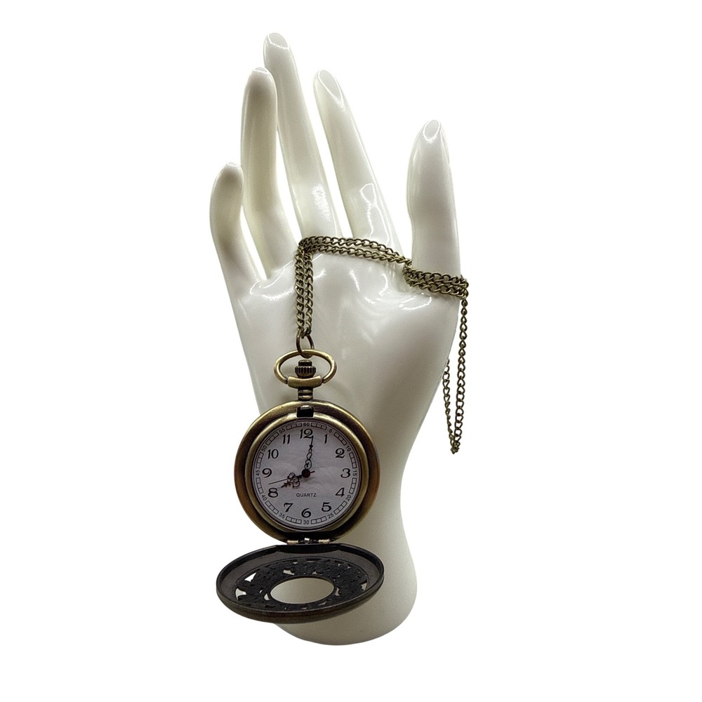 Bronze Tone Bird Filigree Pocket Watch Necklace 32 Inch Chain Quartz VTG Style